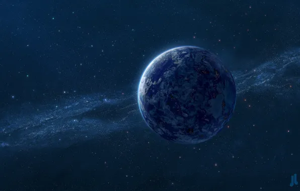 Картинка космос, синева, планета, звёзды, млечный путь, Josef Barton, Digital Universe, Blue planet