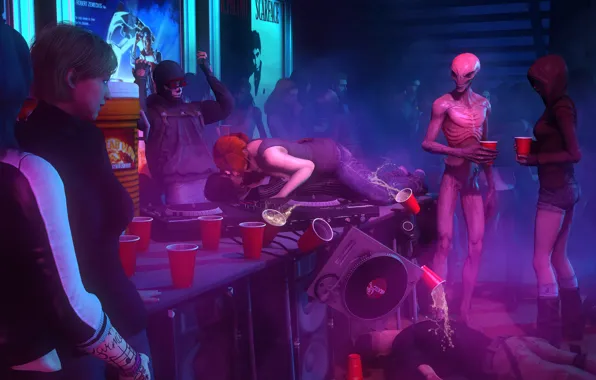 Картинка девушка, ufo, алкоголь, пришелец, вечеринка, X-com