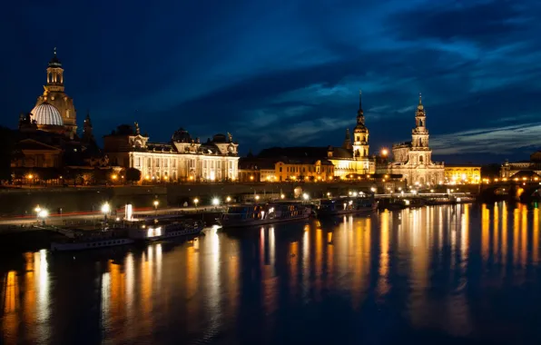 Картинка ночь, огни, река, Германия, Дрезден