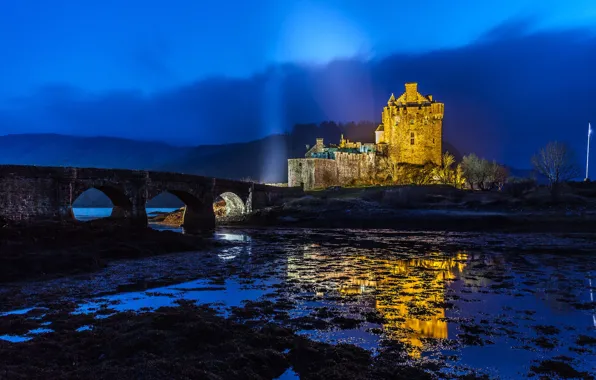 Картинка ночь, мост, замок, Шотландия