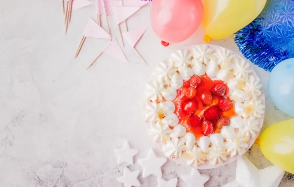 Картинка праздник, шары, торт, флажки, день рождение