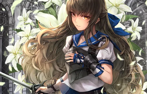 Картинка девушка, оружие, лилии