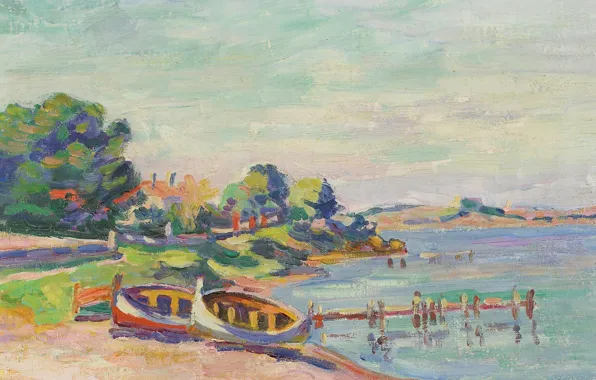 Картинка пейзаж, берег, лодка, картина, Арман Гийомен, Armand Guillaumin, Southern Landscape. Le Brusc