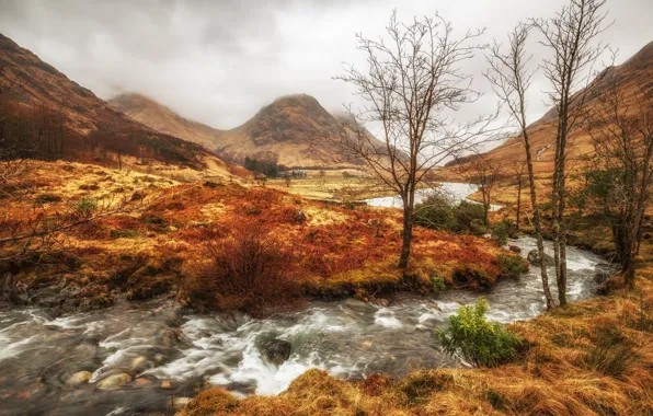 Картинка осень, облака, деревья, горы, река, Шотландия, Северо-Шотландское нагорье