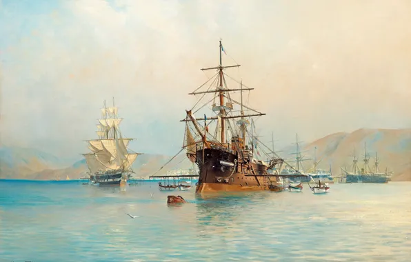 Картинка сопки, Море и корабли, Герман Густав аф Силлен, Французский фрегат, у берегов французской Ривьеры