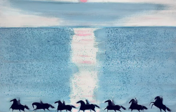 Картинка пейзаж, картина, лошади, Andre Brasilier, Всадники на Пляже