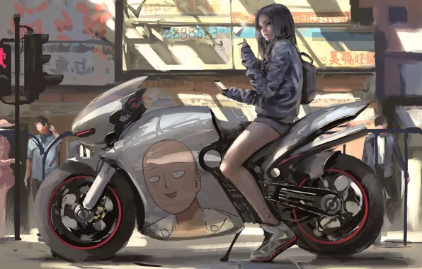 Картинка девушка, арт, мотоцикл, One-Punch Man, Wlop