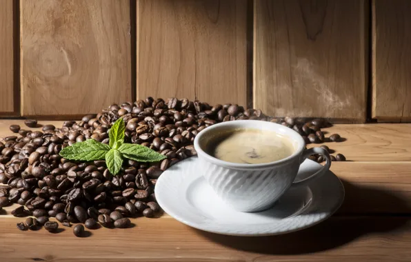 Картинка листья, кофе, зерна, чашка, cup, beans, coffee