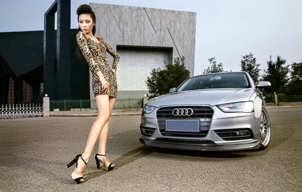 Картинка взгляд, девушка, Audi, Девушки, платье, азиатка, серебристый авто