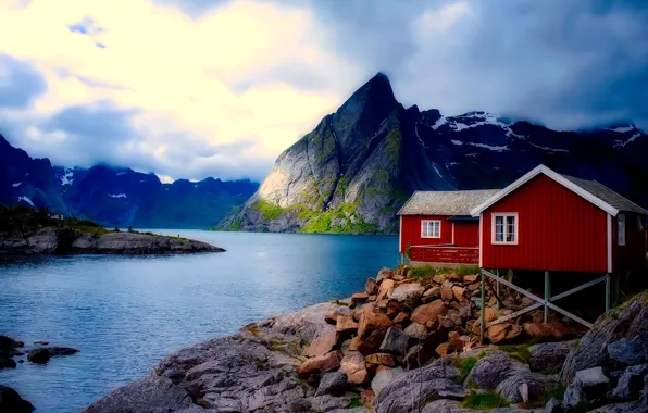 Картинка небо, облака, горы, Норвегия, домики
