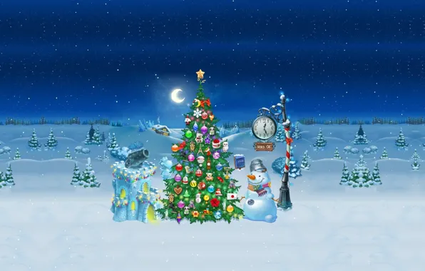 Картинка зима, праздник, арт, Новый год, снеговик, ёлочка, детская, новогодняя ночь, ночть