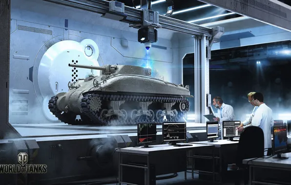 Картинка танк, ученые, World of Tanks, стэнд, server sherman