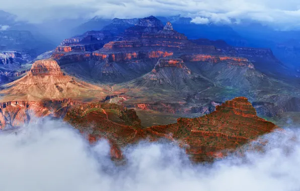 Картинка облака, горы, скалы, панорама, США, Гранд-Каньон, вид сверху