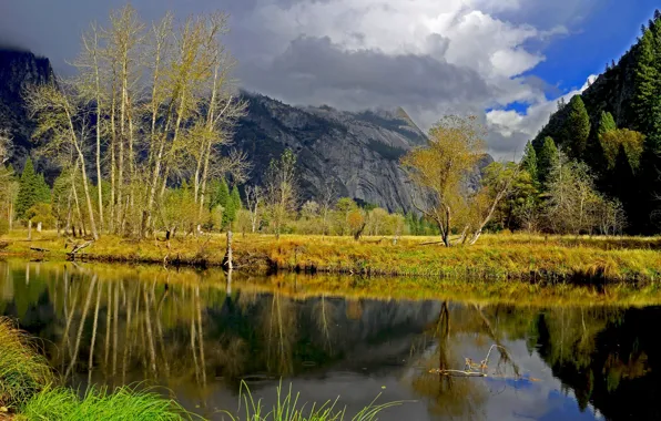 Картинка осень, деревья, горы, река, Калифорния, США, Йосемити, Йосемитский национальный парк