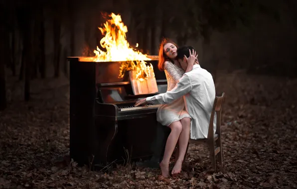 Картинка лес, девушка, настроение, огонь, листва, ситуация, парень, фортепиано, пианино, влюблённые, Damien Prokhorov, Symphony of Fire