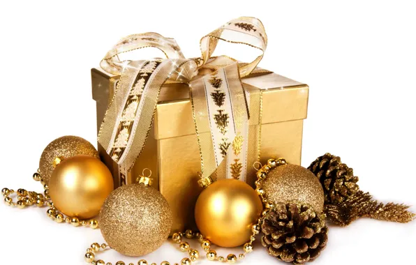 Картинка шарики, подарок, шары, Новый Год, Рождество, golden, christmas, balls, шишки, merry christmas, gift, decoration, xmas
