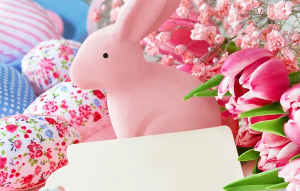 Картинка цветы, весна, Пасха, тюльпаны, happy, pink, flowers, tulips, spring, Easter, eggs, bunny, delicate, decoration, pastel