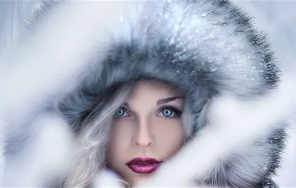 Картинка girl, Model, long hair, photo, blue eyes, winter, snow, beauty, lips, face, blonde, fur, portrait, …