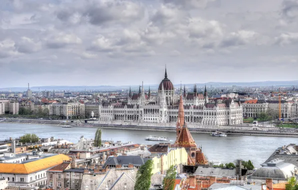 Картинка река, дома, панорама, парламент, Венгрия, Будапешт