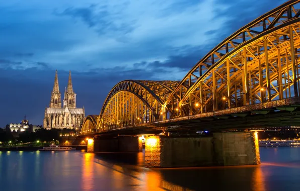 Картинка ночь, мост, огни, река, Германия, опора, собор, Кёльн