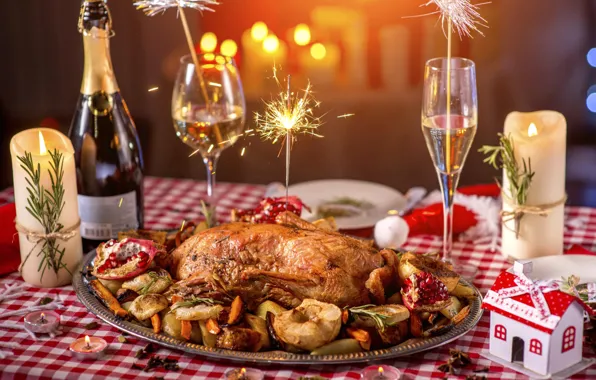 Картинка свечи, бокалы, Новый год, шампанское, Christmas, утка, candles, Holidays, сервировка, champagne, chicken, 2017