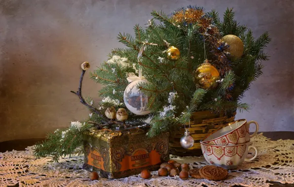 Картинка зима, чай, елка, новый год, рождество, птички, орехи, натюрморт, декабрь, композиция, урашения