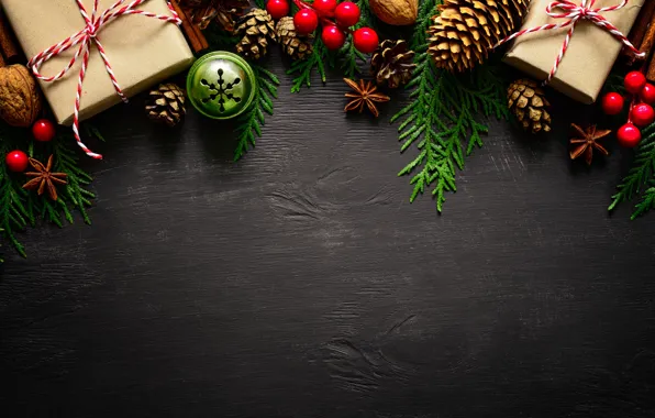 Картинка снег, украшения, ягоды, елка, Новый Год, Рождество, подарки, happy, Christmas, vintage, wood, New Year, Merry …