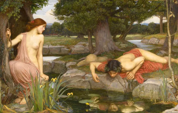 Картинка forest, art, John William Waterhouse, Echo and Narcissus