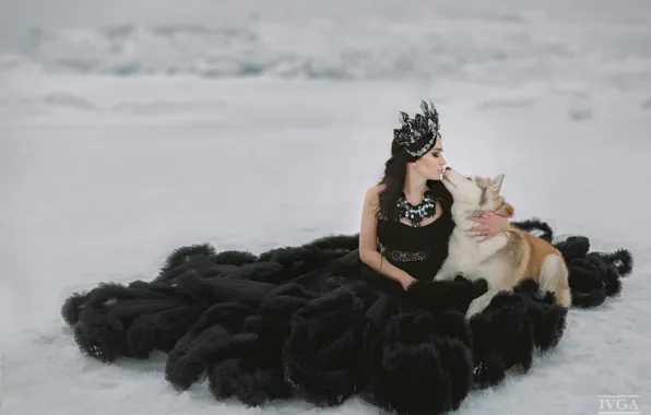 Картинка девушка, снег, поцелуй, собака, платье