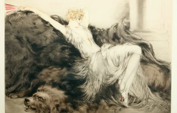 Картинка веер, 1925, Лень, Louis Icart, арт-деко, офорт и акватинта, шкура льва, женщина блондинка