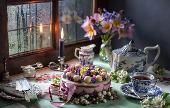 Картинка чай, свеча, букет, окно, торт, яблоня