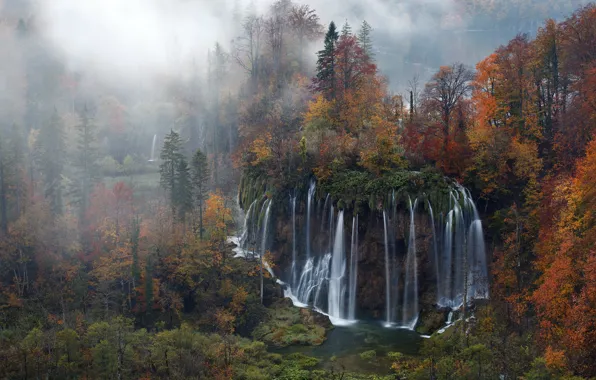 Картинка forest, river, trees, landscape, nature, water, autumn, lake, waterfall, Croatia, mist, Plitvice National Park, Plitvice …