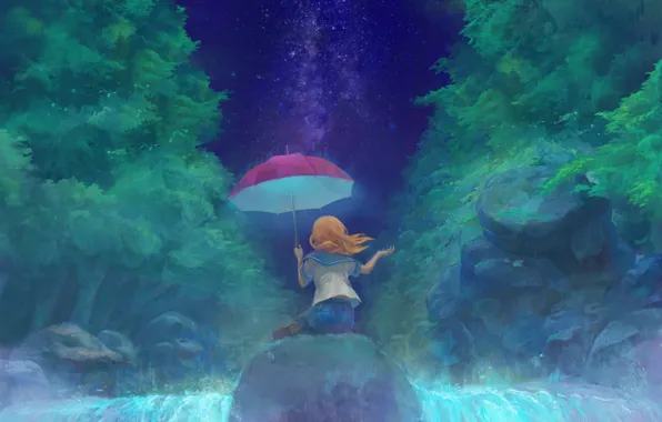 Картинка небо, ночь, спина, водопад, зонт, девочка, рыжая, школьница, Млечный Путь, на камне, в лесу