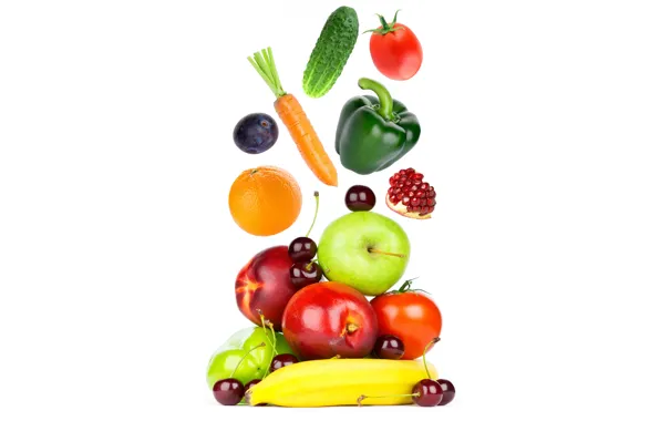 Картинка вишня, яблоки, апельсин, огурец, белый фон, перец, фрукты, банан, овощи, помидоры, морковь, гранат, слива