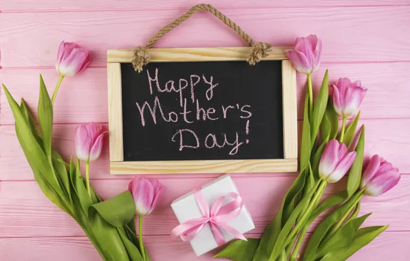 Картинка цветы, подарок, тюльпаны, доска, розовые, fresh, wood, pink, flowers, tulips, gift, spring, tender, mother's Day
