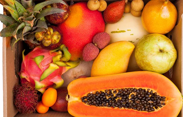 Картинка груша, фрукты, манго, ананас, тропический, папайя, личи