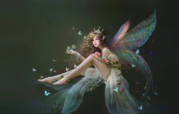Картинка девушка, цветы, бабочка, фея, арт, fairy, фейка, ruoxin zhang, фЭнтези