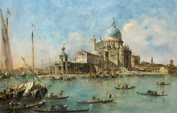 Картинка город, лодка, картина, канал, Франческо Гварди, Пунта делла Догана в Венеции, Francesco Lazzaro Guardi
