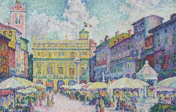 Картинка дома, картина, городской пейзаж, Поль Синьяк, пуантилизм, Рыночная Площадь в Вероне