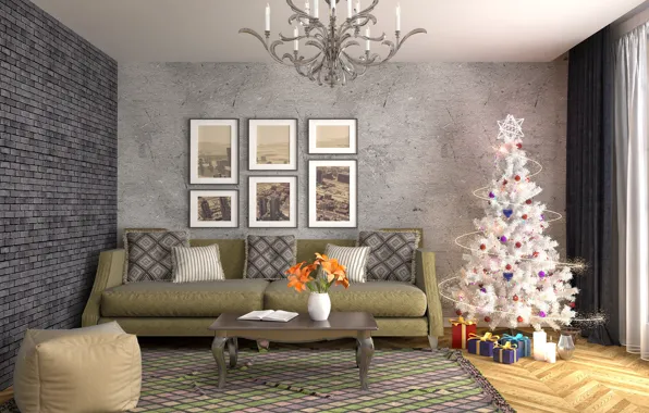 Картинка украшения, комната, диван, графика, елка, интерьер, люстра, Новый год, гостиная