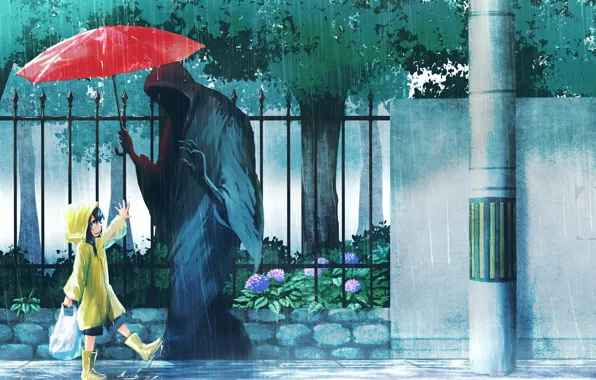Картинка подарок, Смерть, ливень, малышка, на улице, красный зонт, пасмурный день, саван