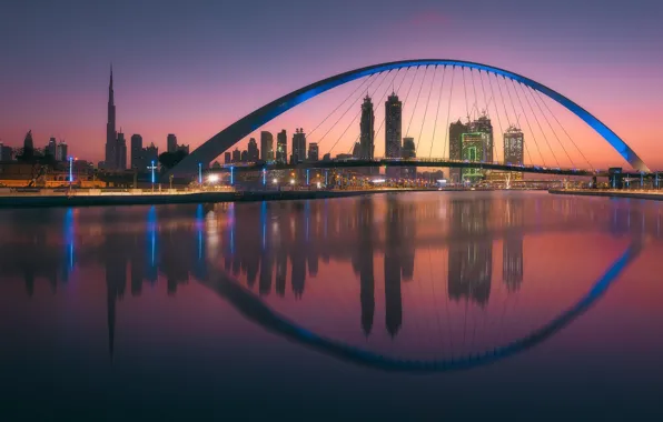 Картинка свет, мост, город, огни, отражение, вечер, Дубай, ОАЭ