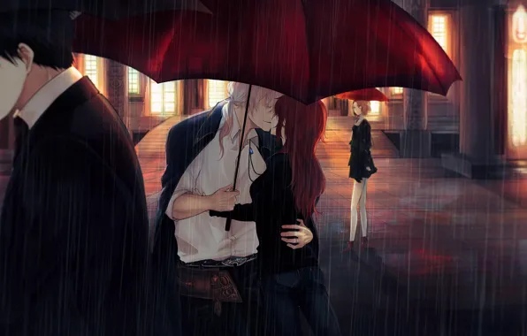 Картинка ночь, дождь, романтика, зонт, двое, прохожие