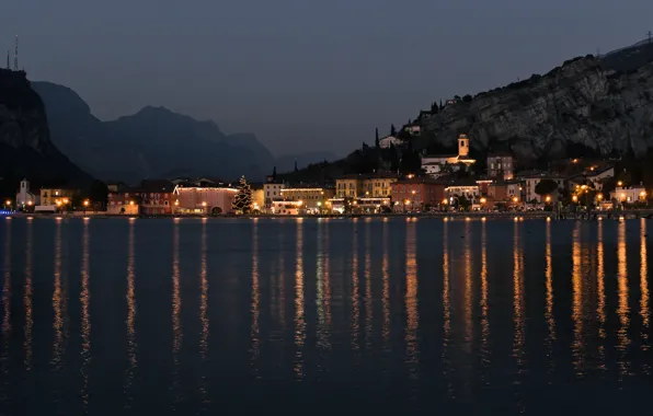 Картинка Italy, night, mountains, lake, chapel, Torbole, Garda Lake, fog. Chirstmas