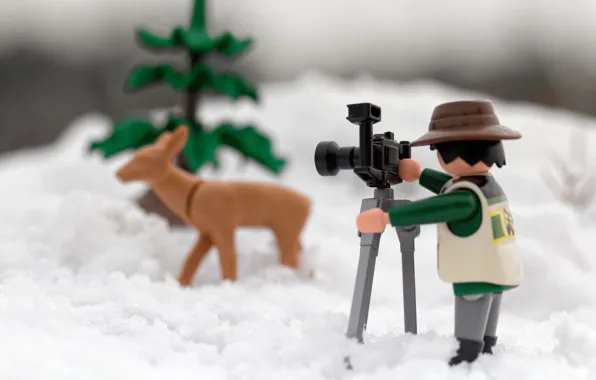 Картинка макро, снег, игрушка, ель, олень, фотограф, фигурки, боке
