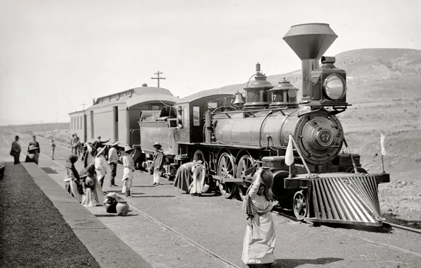 Картинка ретро, поезд, паровоз, США, полустанок, 1890-й год
