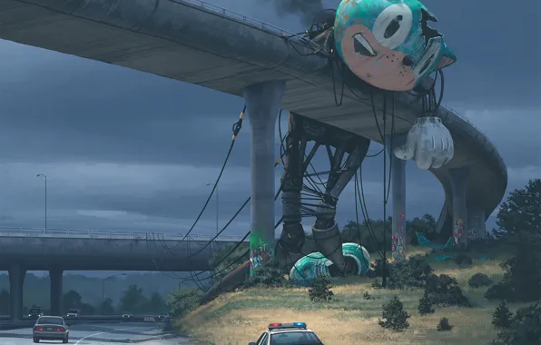 Картинка мост, трасса, нечто, гигант, автомобили, the mascot