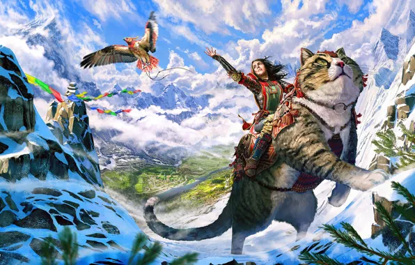 Картинка кошка, горы, птица, женщина, Journey's Start