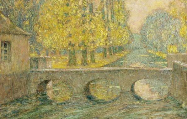 Картинка пейзаж, дом, картина, Henri Le Sedaner, Анри Ле Сиданэ, Мост. Осень. Жизор