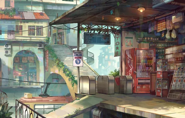 Картинка улица, дома, Япония, лестница, трамвай, платформа, магазин, остановка, товары, безлюдный город